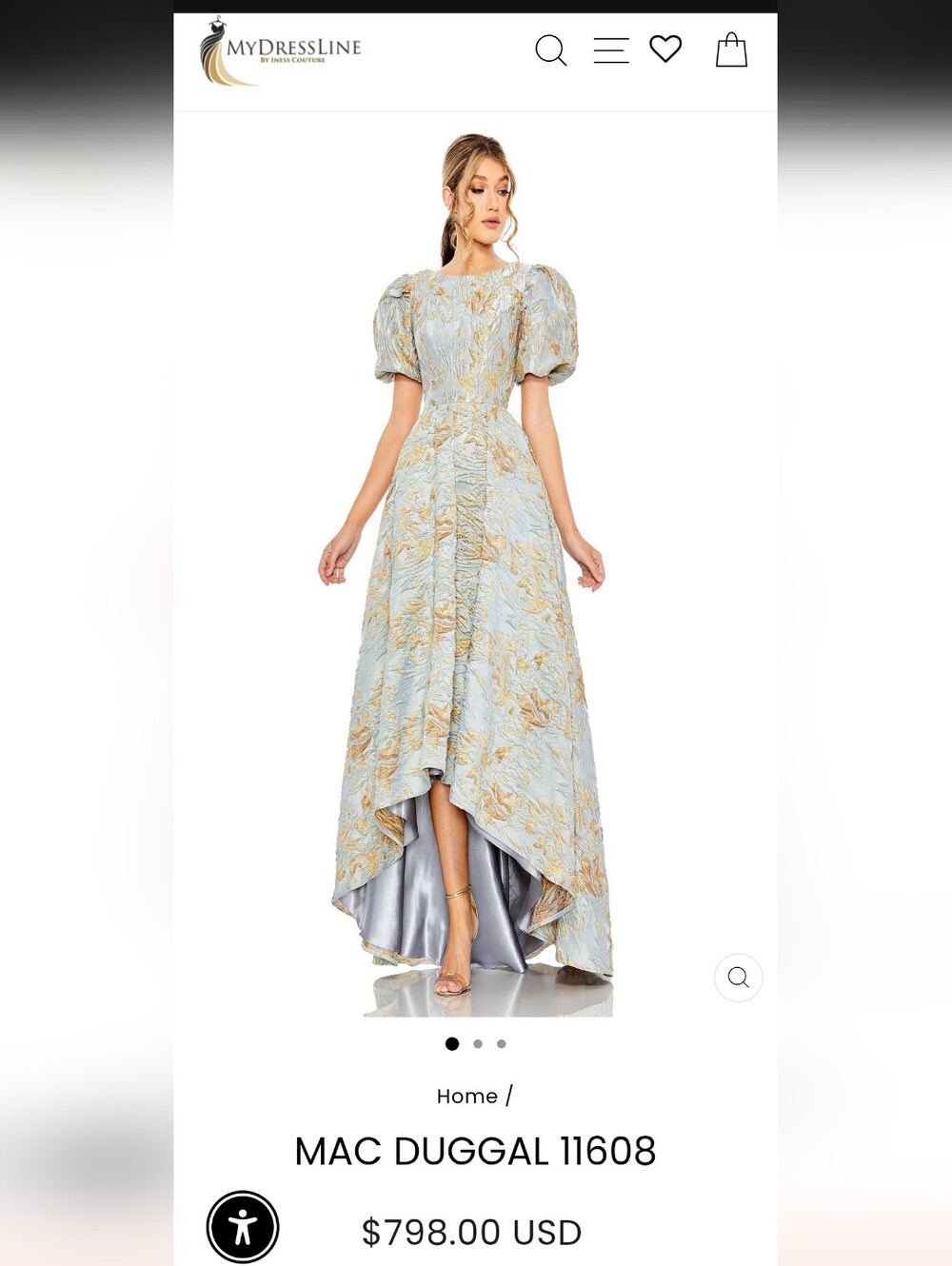 Mac Duggal Blue and Gold High-Low Puff Sleeve Evening Dress 11608 Size 6